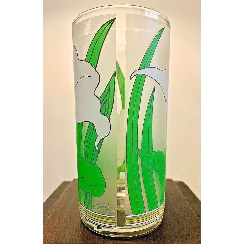 VTG Calla Lily Frosted Tumblers 4 Set 1980s Splash Ware Acrylic Cups 16 oz Retro